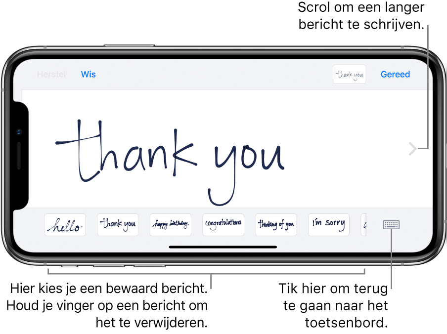 Het handschriftscherm met een handgeschreven bericht. Onderin bevinden zich van links naar rechts bewaarde berichten en de knop voor het weergeven van het toetsenbord.