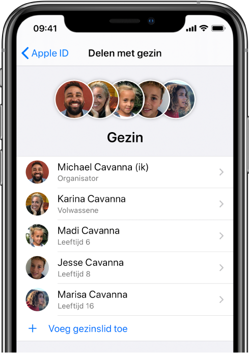 Het scherm 'Delen met gezin' in Instellingen. Er zijn vijf gezinsleden te zien en onder in het scherm staat 'Voeg gezinslid toe'.