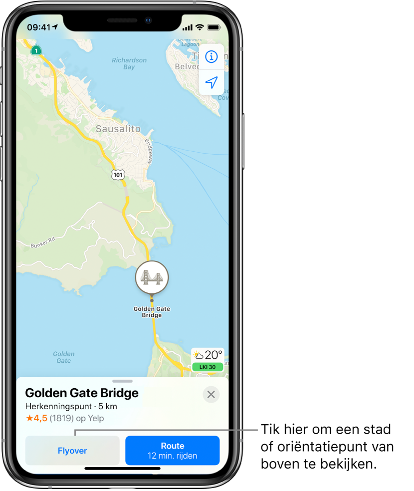 Een kaart van San Francisco. Onder in het scherm zie je een informatiekaart van de Golden Gate Bridge met de knop 'Flyover' links van de knop 'Route'.