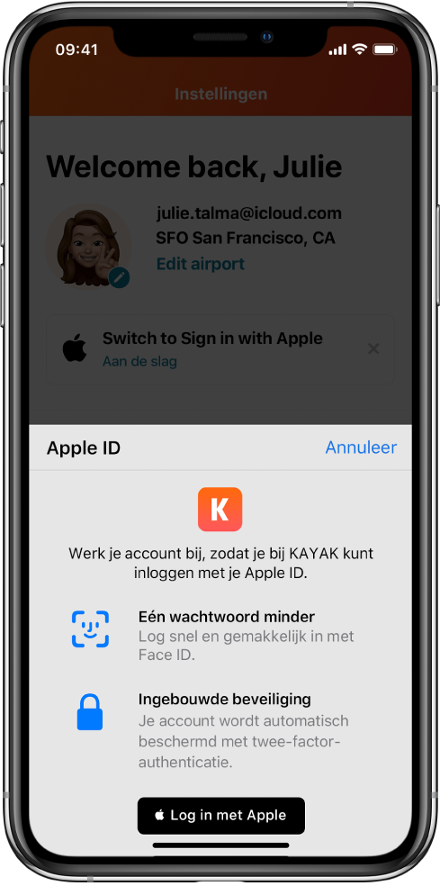 Een app met de knop 'Log in met Apple'.