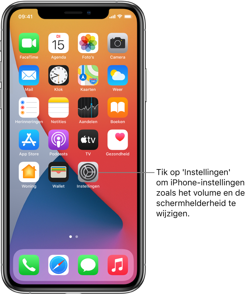 Het beginscherm met diverse appsymbolen, zoals het symbool van de Instellingen-app, waarop je kunt tikken om het volume, de schermhelderheid en andere iPhone-instellingen te wijzigen.