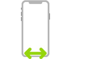 Een afbeelding van een iPhone. Een pijl met twee punten geeft aan hoe je onder in het scherm naar links of naar rechts kunt vegen.