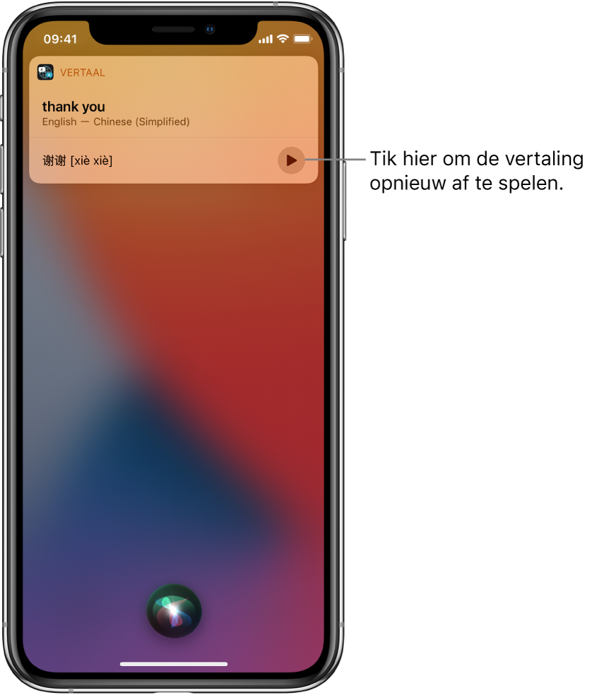 Siri geeft een vertaling weer van het Engelse "thank you" in het Mandarijn. Met een knop rechts van de vertaling kun je de vertaling opnieuw laten voorlezen.