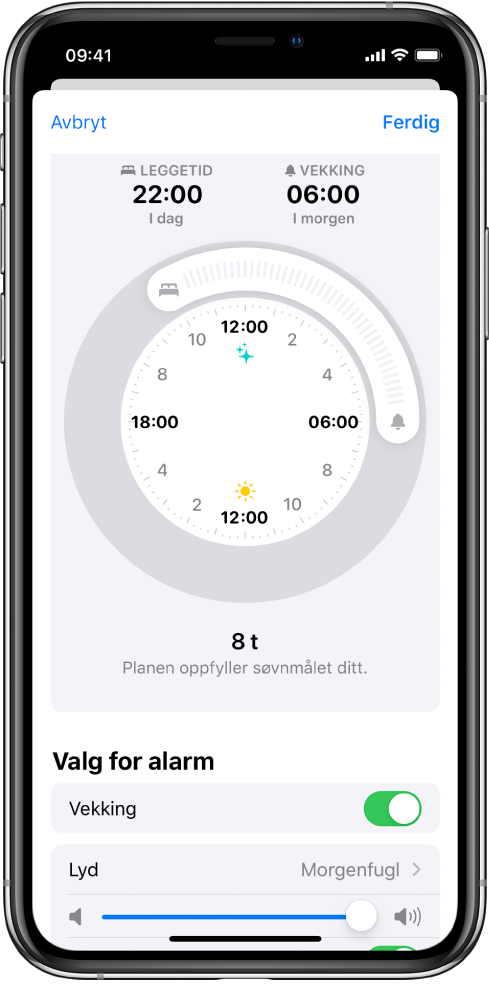 En skjerm viser at Leggetid er satt til klokken 22:00 i dag og Vekking er satt til klokken 06:00 i morgen. Vekking-alarmen er slått på, og alarmlyden er Morgenfugl.