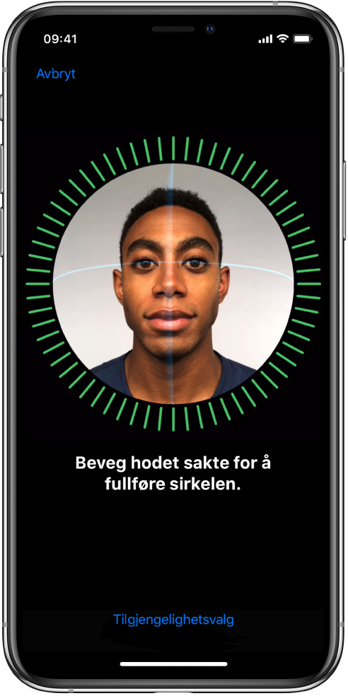 Konfigureringsskjermen for Face ID-gjenkjenning. Et ansikt vises på skjermen, omsluttet av en sirkel. Teksten under ber deg om å bevege hodet sakte for å fullføre sirkelen.