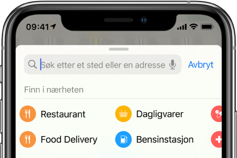 Kategorier for fire tjenester i nærheten vises under søkefeltet. Kategoriene er Restauranter, Dagligvarer, Matlevering og Bensinstasjoner.