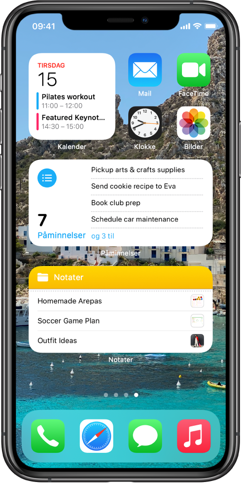 Hjem-skjermen med apper og widgeter for produktivitet, inkludert Kalender, Påminnelser og Notater.