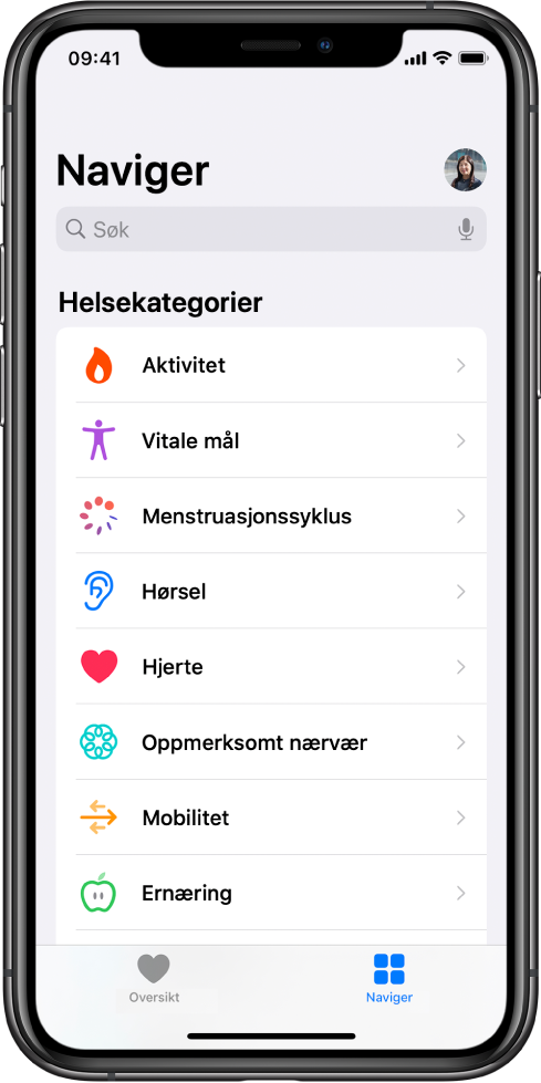 Helsekategorier-skjermen i Helse-appen.
