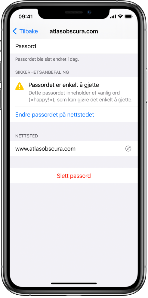 En kontoskjerm i Passord-innstillinger. I en sikkerhetsanbefaling står det: «Passordet er enkelt å gjette. Dette passordet inneholder et vanlig ord, 'happy!', som kan gjøre det enkelt å gjette.» Knappen Endre passordet på nettstedet vises under sikkerhetsanbefalingen.