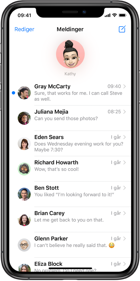 Meldinger-samtalelisten i Meldinger-appen. Øverst på skjermen vises et kontaktbilde i en sirkel, som viser at det er festet. Samtalelisten vises nedenfor.