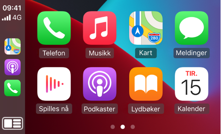 Hjem-skjermen på CarPlay som viser symboler for Telefon, Musikk, Kart, Meldinger, Spilles nå, Podkaster, Lydbøker og Kalender.