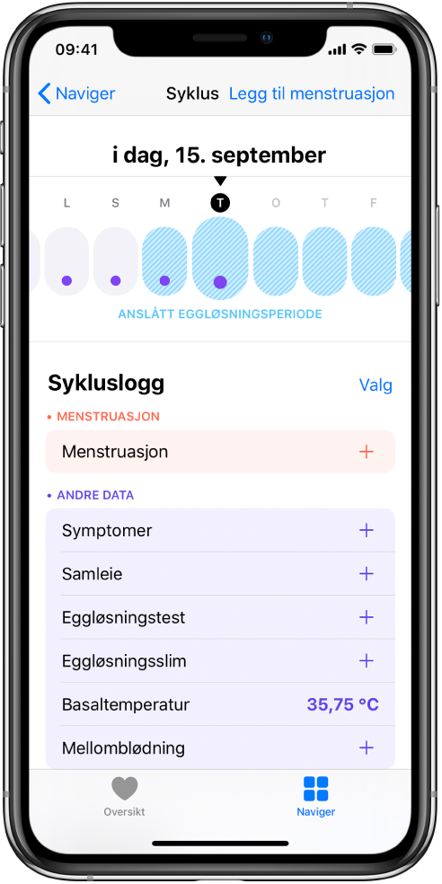 Syklus-skjermen viser tidslinjen for uken øverst på skjermen. De fire første dagene på tidslinjen er merket med lilla prikker, og de fem siste dagene er lyseblå. Under tidslinjen er det valg for å legge til informasjon om menstruasjon, symptomer og mer.