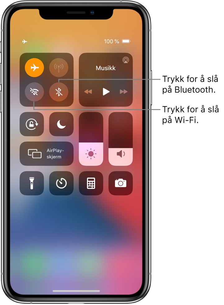 Kontrollsenter med flymodus på. Knappene for å slå på Wi‑Fi og Bluetooth er nesten øverst til venstre på skjermen.
