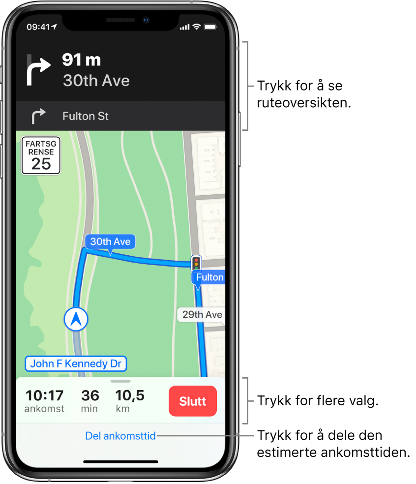 Et kart som viser en kjørerute, med en instruksjon om å ta til høyre om 75 meter. Mot bunnen av kartet vises ankomst, reisetid og totalt antall kilometer til venstre for Slutt-knappen. Del ankomsttid vises nederst på skjermen.