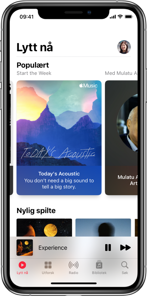 Lytt nå-skjermen viser profilbildet øverst til høyre. Populært vises under. Under Populært vises to albumer i Nylig spilt.
