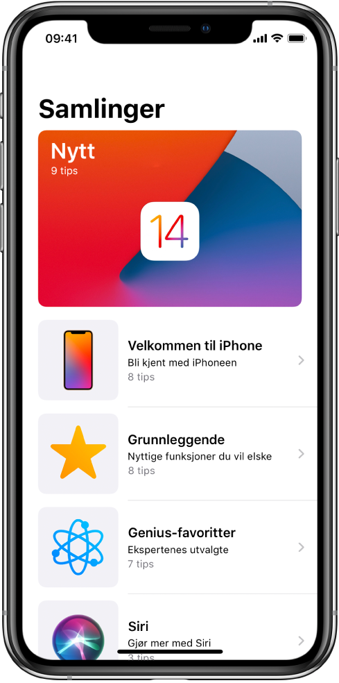 En skjerm som viser en samling med tips med høyrepiler som angir at du kan trykke på en samling for å vise tipsene i den.