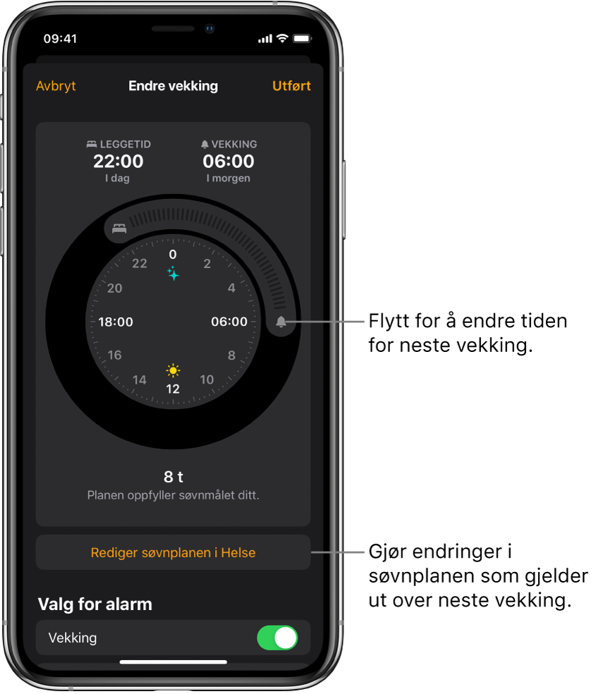 En skjerm for å endre Vekking-alarmen for i morgen, med skyveknapper for å endre leggetids- og vekkingstidspunktet, en knapp for å endre søvnplanen i Helse-appen og en knapp for å slå Vekking-alarmen av eller på.