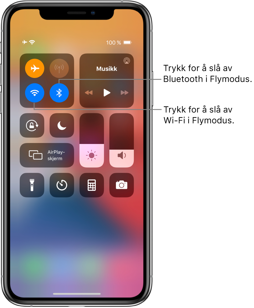 Kontrollsenter med flymodus på, og med tekst som forklarer at Wi-Fi slås av ved å trykke på knappen nederst til venstre i gruppen oppe til venstre, mens Bluetooth slås av ved å trykke på knappen nederst til høyre i samme gruppe.