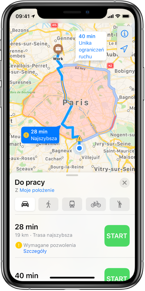 Mapa Paryża, pokazująca szybką drogę bezpośrednio przez miasto oraz wolniejszą drogę wokół miasta, omijającą ograniczenia.