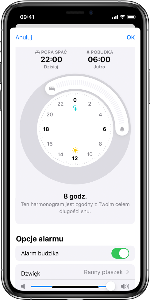 Ekran pokazujący czas Pora spać ustawiony na dwudziestą drugą dzisiaj, a czas budzenia na szóstą rano jutro. Alarm budzika jest włączony, a wybrany dźwięk to Ranny ptaszek.