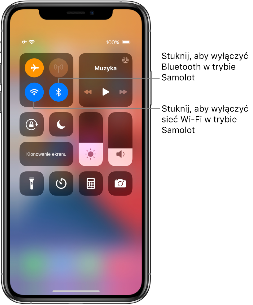 Centrum sterowania; tryb Samolot jest włączony; stuknięcie w lewy dolny przycisk w grupie wyświetlanej u góry ekranu po lewej wyłącza Wi‑Fi, a stuknięcie w prawy dolny przycisk w tej samej grupie wyłącza Bluetooth.