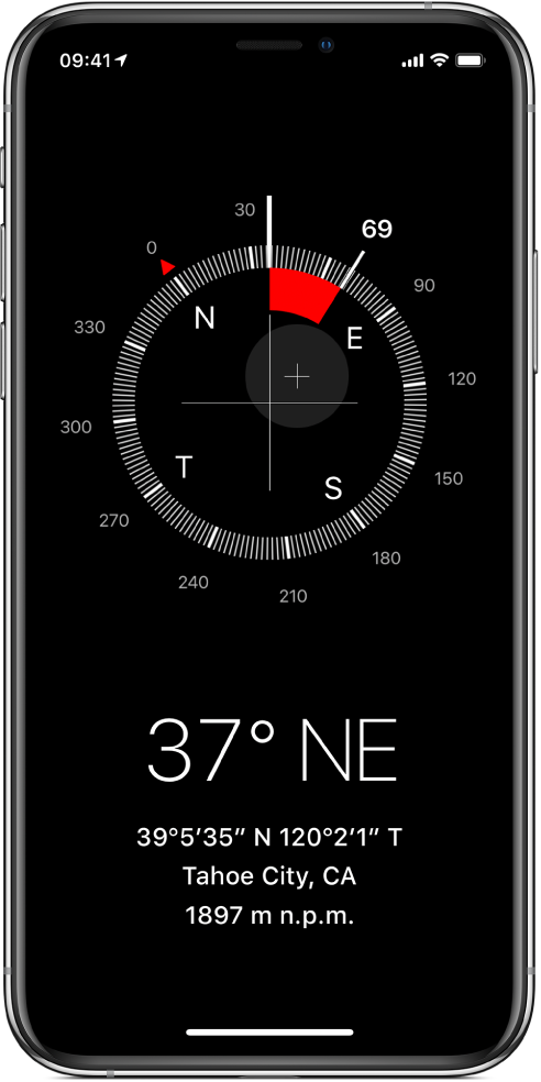 Aplikacja Kompas pokazująca kierunek, w którym iPhone jest skierowany, Twoje bieżące położenie i wysokość nad poziomem morza.