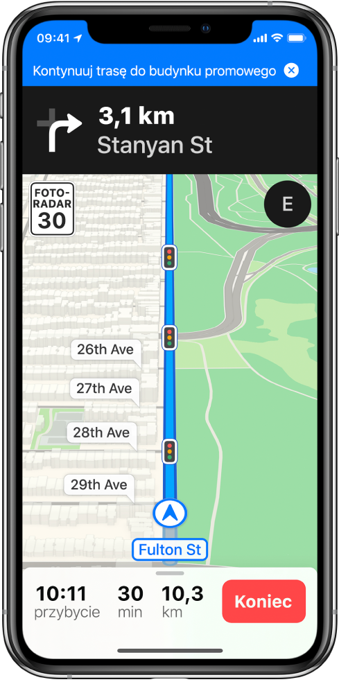 Mapa przedstawiająca trasę jazdy samochodem. U góry ekranu widoczny jest niebieski baner, umożliwiający kontynuowanie trasy do początkowego celu.