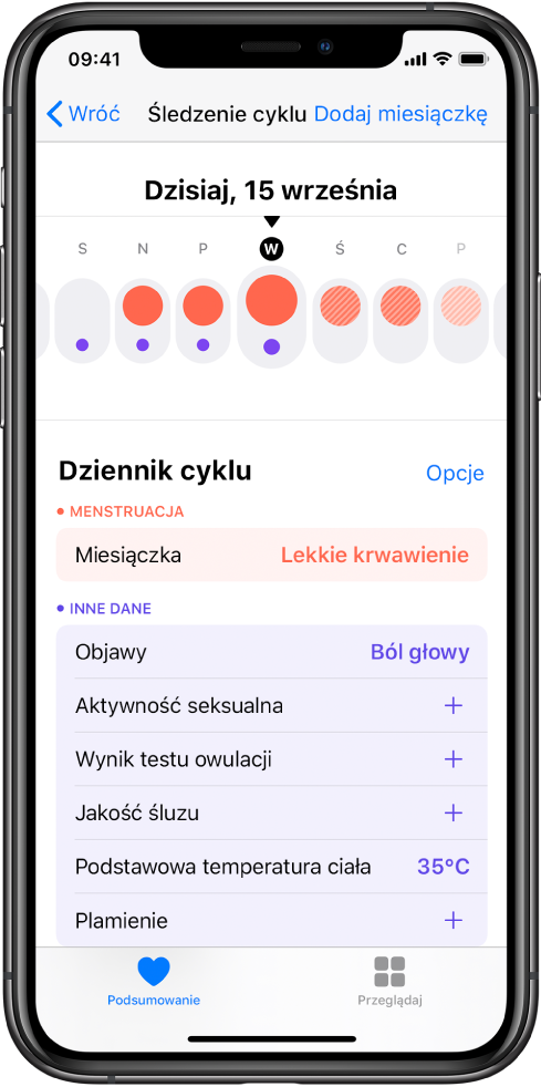 Ekran Śledzenie cyklu w aplikacji Zdrowie.