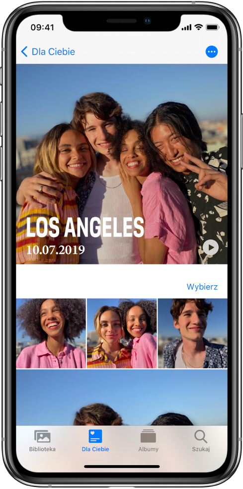 Ekran wspomnienia. U góry znajduje się klip wideo. Pod nim wyświetlany jest zbiór zdjęć.