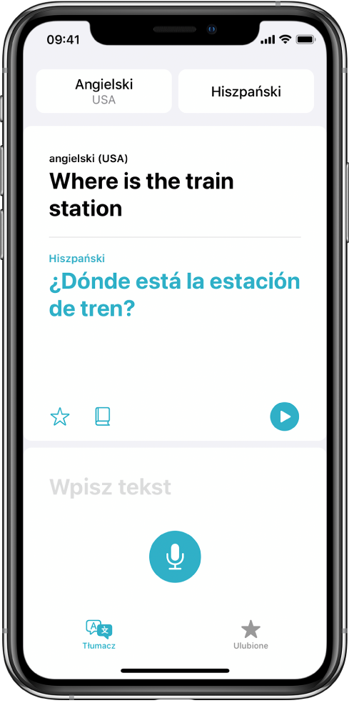 Ekran aplikacji Tłumacz. U góry widoczne są dwa wybrane języki: angielski oraz hiszpański. Na środku wyświetlane jest tłumaczenie. Na dole znajduje się pole Wpisz tekst.