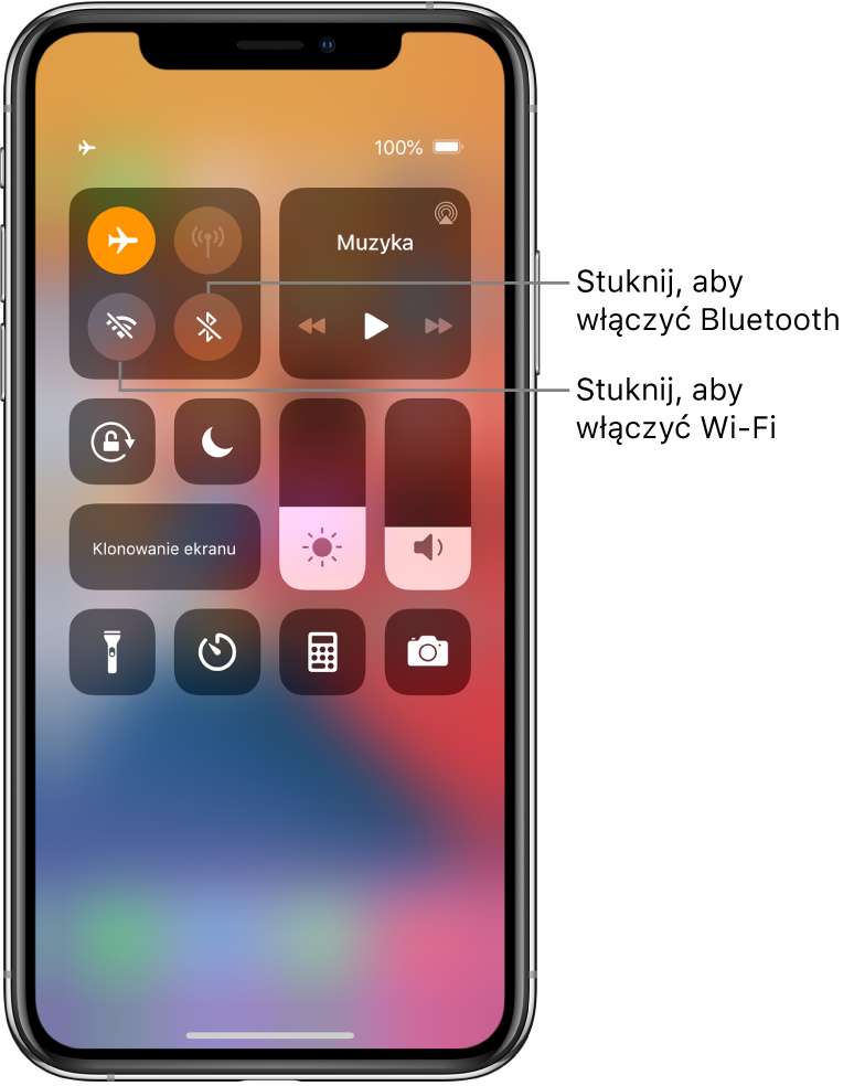 Centrum sterowania z włączonym trybem Samolot. W lewym górnym rogu ekranu widoczne są przyciski do włączania Wi‑Fi oraz Bluetooth.