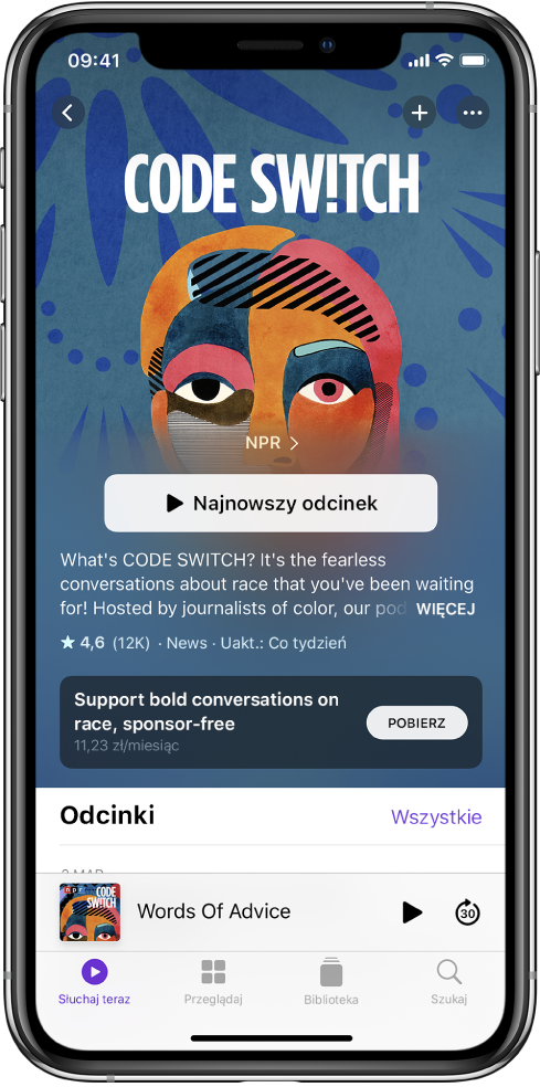 Ekran Słuchaj teraz, na którym widoczny jest podcast z opcją subskrypcji.