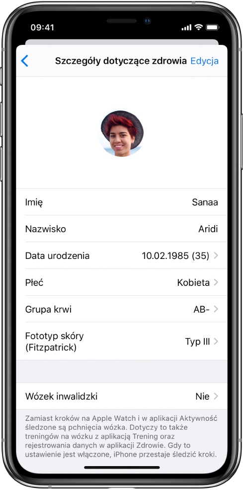 Ekran ze szczegółami dotyczącymi zdrowia trzydziestopięcioletniej kobiety.