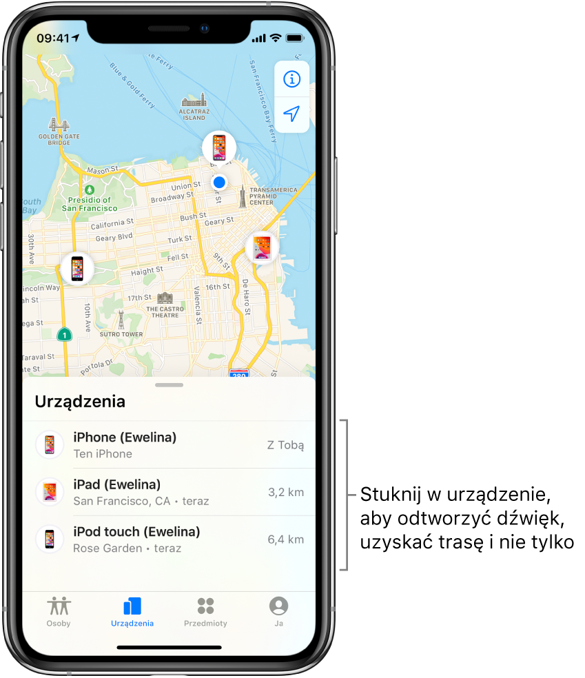 Karta Urządzenia w aplikacji Lokalizator. Lista Urządzenia zawiera trzy pozycje: iPhone (Ewelina), iPad (Ewelina) oraz iPod touch (Ewelina). Ich położenie jest wyświetlane na mapie San Francisco.