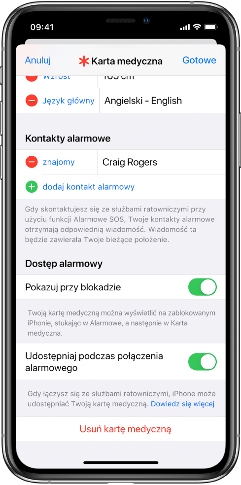 Ekran karty medycznej. Na dole widoczne są opcje umożliwiające wyświetlanie karty medycznej, gdy ekran iPhone’a jest zablokowany oraz gdy wykonujesz połączenie alarmowe.
