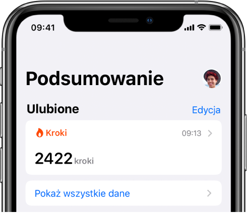 Ekran Podsumowanie zawierający zdjęcie profilowe w prawym górnym rogu.