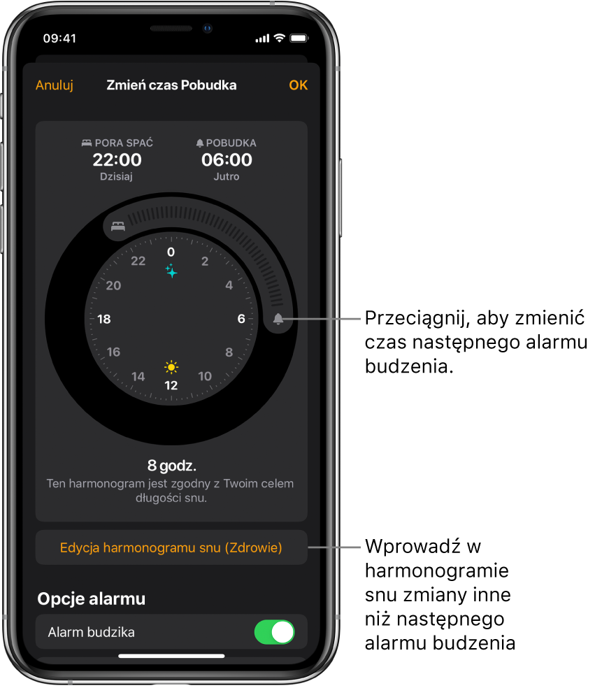 Ekran zmiany alarmu budzika zawierający przyciski do przeciągania czasu Pora spać i czasu Pobudka, przycisk zmiany harmonogramu snu w aplikacji Zdrowie oraz przycisk pozwalający włączać i wyłączać alarm budzika.