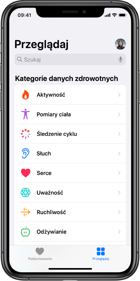Ekran Kategorie danych zdrowotnych w aplikacji Zdrowie.
