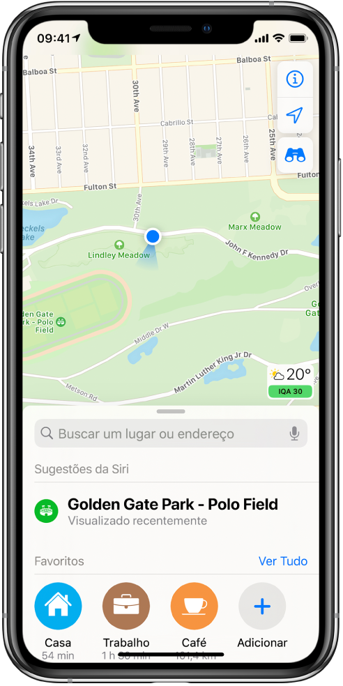 Um mapa de um parque e três favoritos mostrados na parte inferior da tela. Os favoritos são Casa, Trabalho e Café.