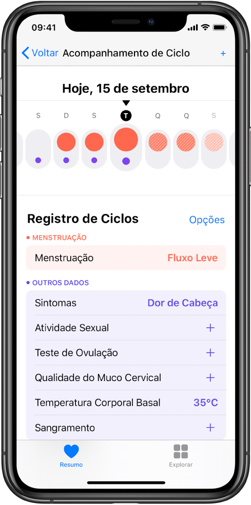Tela “Acompanhamento de Ciclo” no app Saúde.