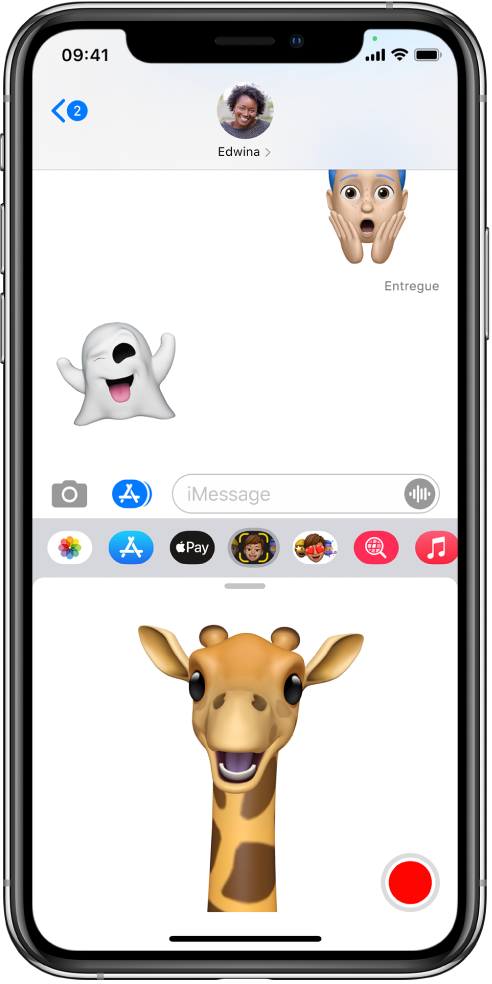Conversa do app Mensagens com um Memoji selecionado, pronto para ser gravado antes de ser enviado.