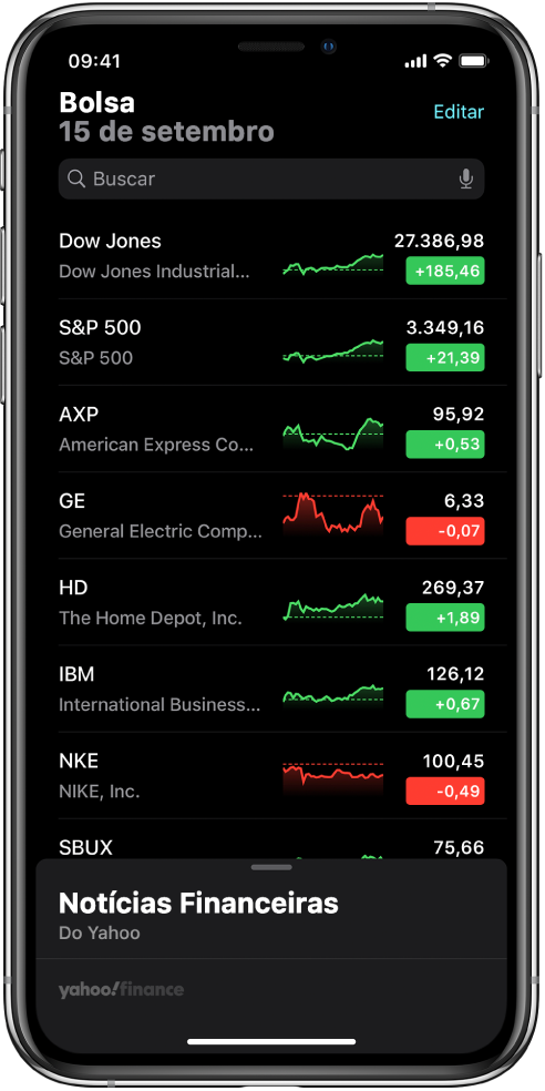 Uma lista de ações mostrando uma lista de ações diferentes. Cada ação na lista mostra, da direita para a esquerda, o símbolo e o nome da ação, um gráfico de desempenho, o preço da ação e as alterações de preço. Na parte superior da tela, acima da lista de ações, está o campo de busca. Abaixo da lista de ações, estão as notícias de negócios. Passe o dedo para cima nas notícias de negócios para visualizar os artigos.
