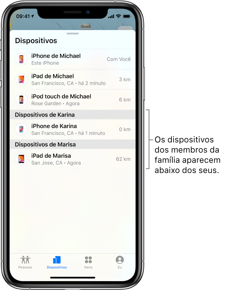 A aba Dispositivos no app Buscar. Os dispositivos de Miguel aparecem na parte superior da lista. Abaixo, o iPhone de Karina e o iPad de Marisa.