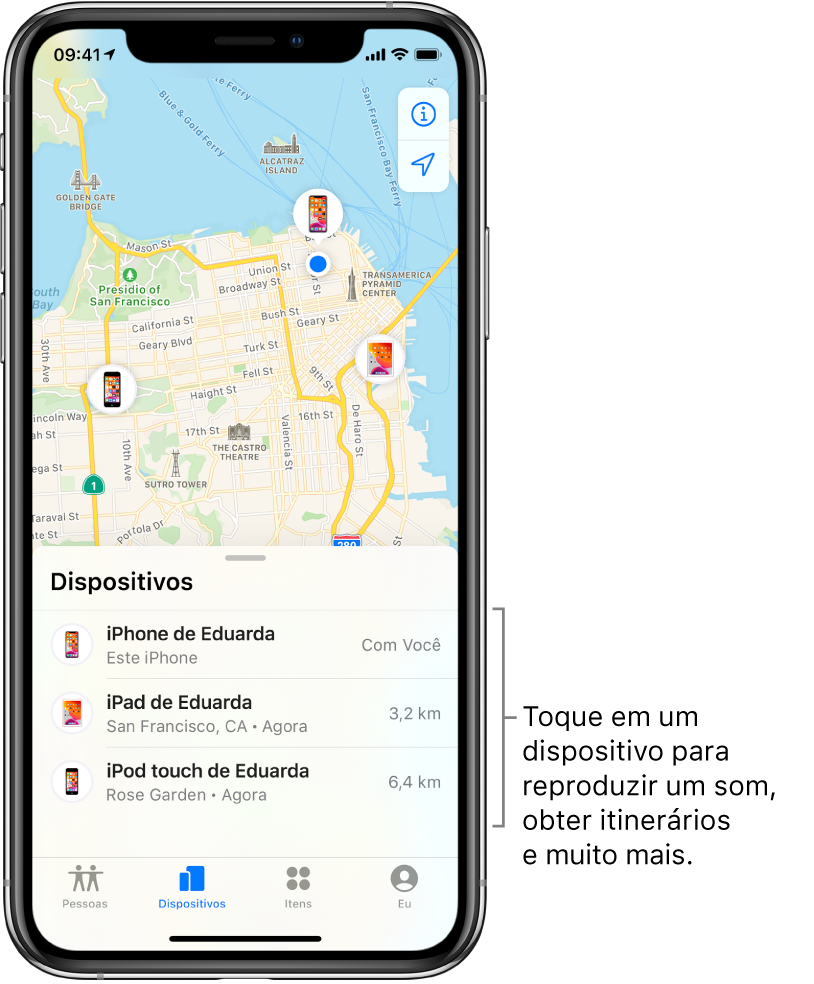 Tela do app Buscar aberto na aba Dispositivos. Há três dispositivos na lista Dispositivos: iPhone de Edna, iPad de Edna e iPod touch de Edna. As localizações deles são mostradas em um mapa de São Francisco.