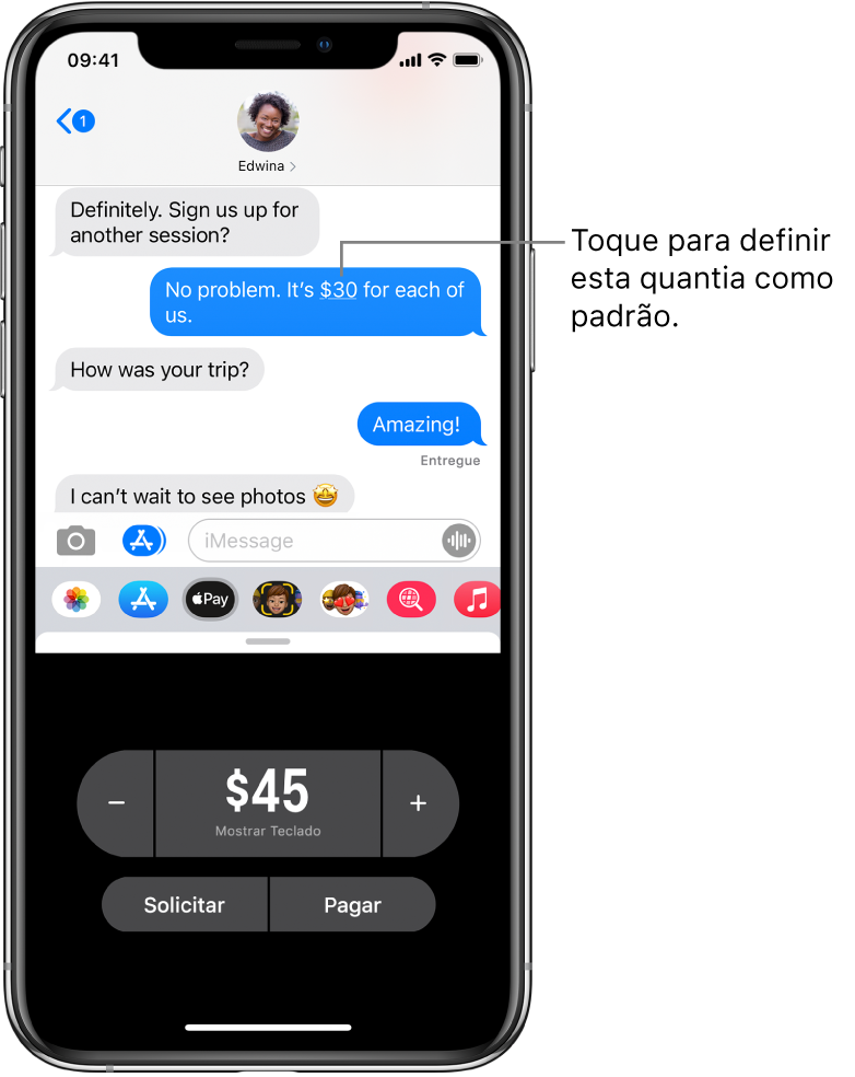 Conversa do iMessage com o app Apple Pay aberto na parte inferior.