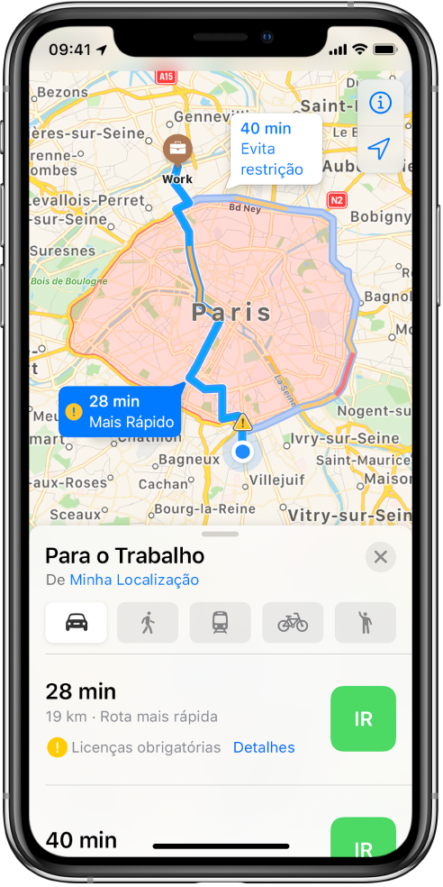 Mapa de uma via com Paris no centro, mostrando uma rota rápida diretamente pela cidade e uma rota mais lenta ao redor da cidade que evita restrições.