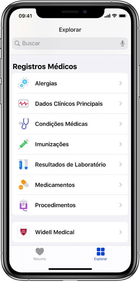 Tela Registros Médicos no app Saúde. A tela lista categorias que incluem Alergias, Dados Clínicos Principais e Condições. Abaixo da lista de categorias, um botão para Widell Medical. Na parte inferior da tela, o botão Explorar está selecionado.