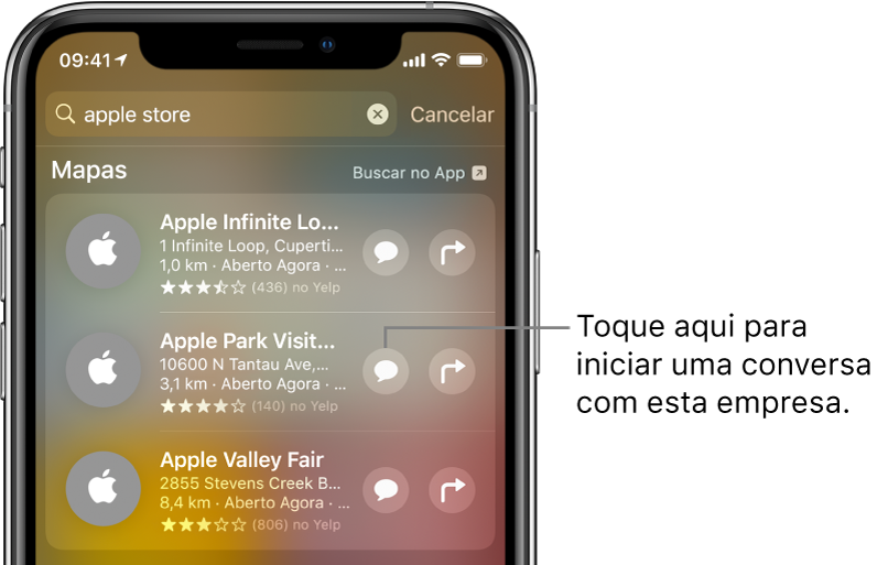 Tela Buscar mostrando itens encontrados no app Mapas. Cada item mostra uma breve descrição, classificação ou endereço, e cada site mostra um URL. O segundo item mostra um botão que pode ser tocado para iniciar um chat de negócios com a Apple Store.