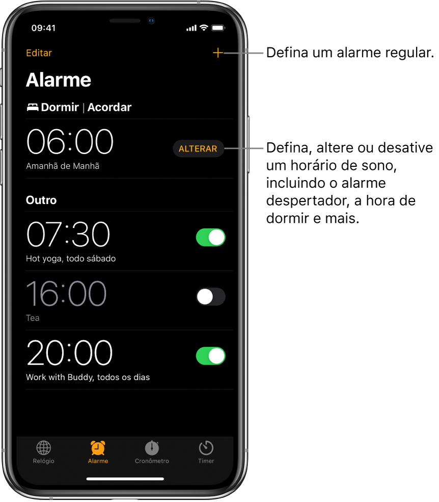 A aba Alarme mostrando quatro alarmes definidos para vários horários, o botão para definir um alarme regular na parte superior à direita e o alarme Despertador com um botão para alterar os horários de sono no app Saúde.