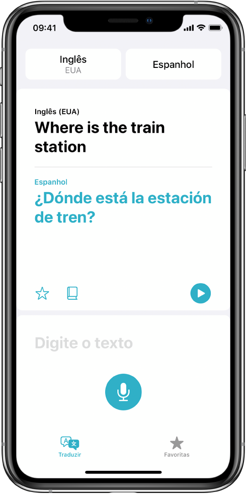 Tela do app Traduzir mostrando dois idiomas selecionados — português e espanhol — na parte superior, uma tradução no centro e o campo Digite o texto perto da parte inferior.